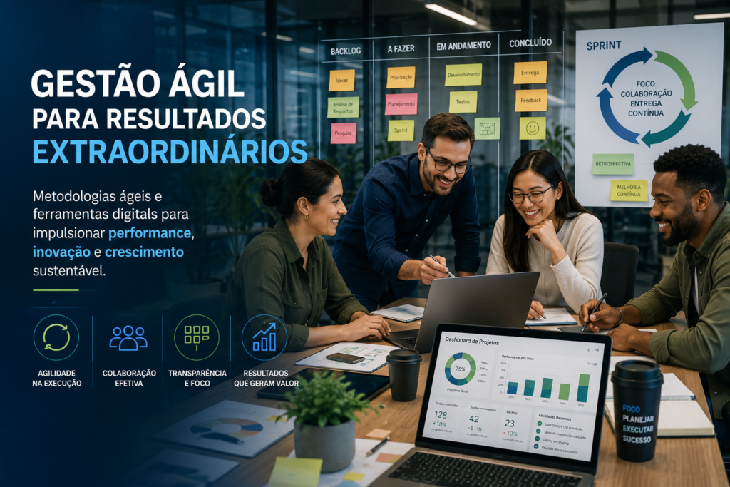 Gestão Ágil: Equipe corporativa utilizando metodologias ágeis e ferramentas digitais em ambiente moderno de gestão empresarial