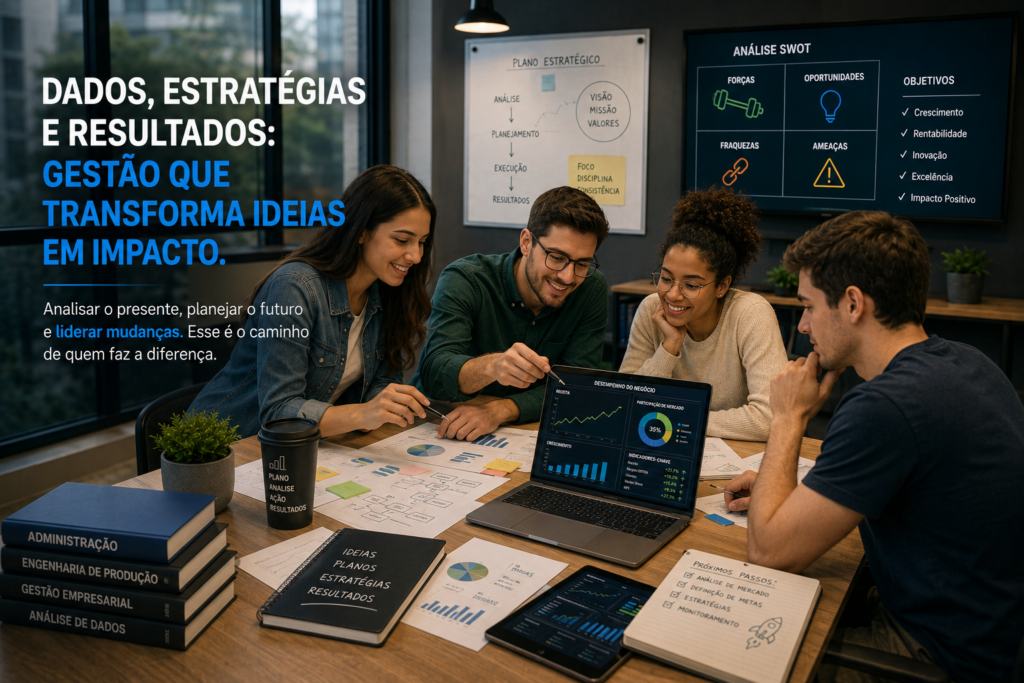 Estudantes de Administração e Engenharia analisando dados e planejando estratégias de gestão empresarial moderna.