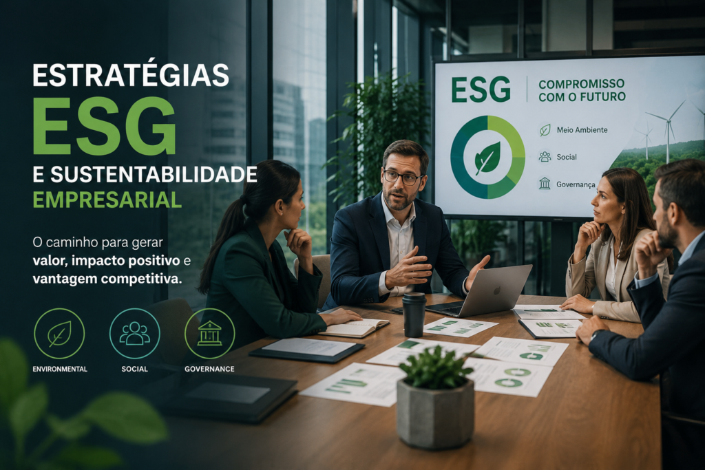 Gestão de Negócios: Executivos analisando estratégias ESG e sustentabilidade empresarial em reunião corporativa moderna
