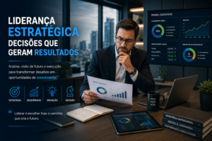 Líder empresarial analisando estratégias e tomando decisões em ambiente corporativo moderno