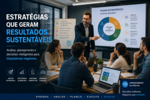Profissionais analisando estratégias empresariais em sala moderna de curso de gestão de negócios