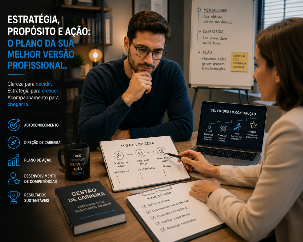 Profissional analisando estratégias de carreira durante sessão de coaching e consultoria profissional