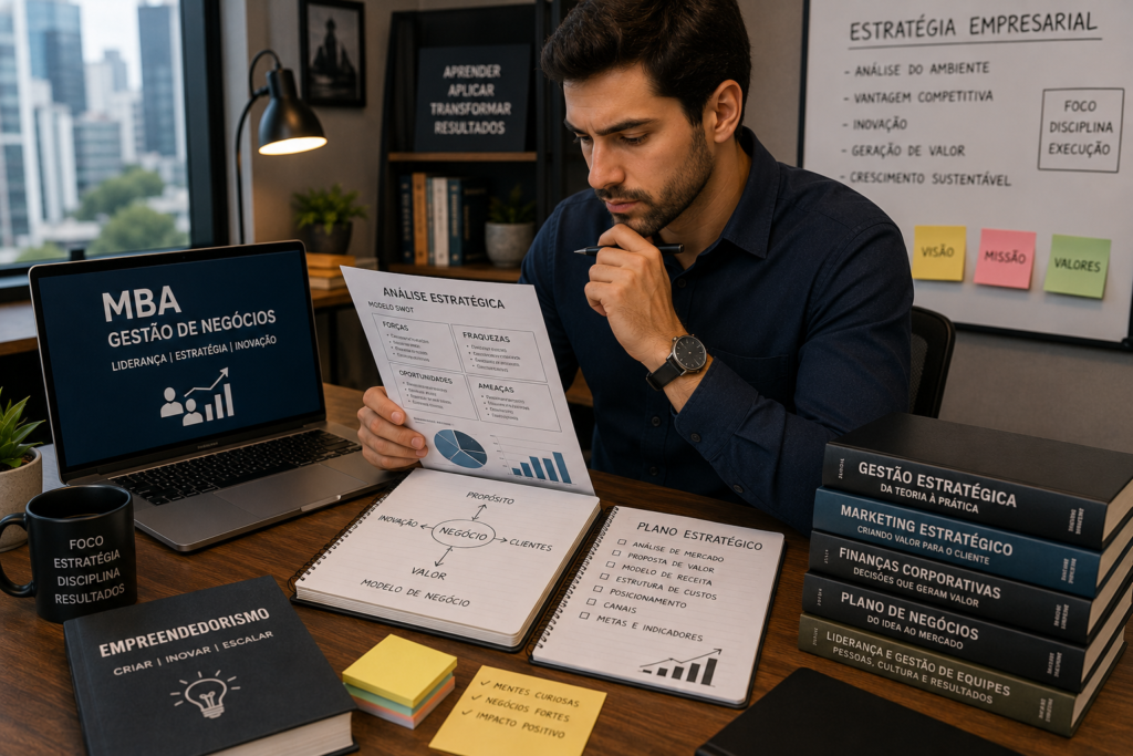 Profissional analisando estratégias empresariais durante MBA em Gestão de Negócios para empreendedorismo