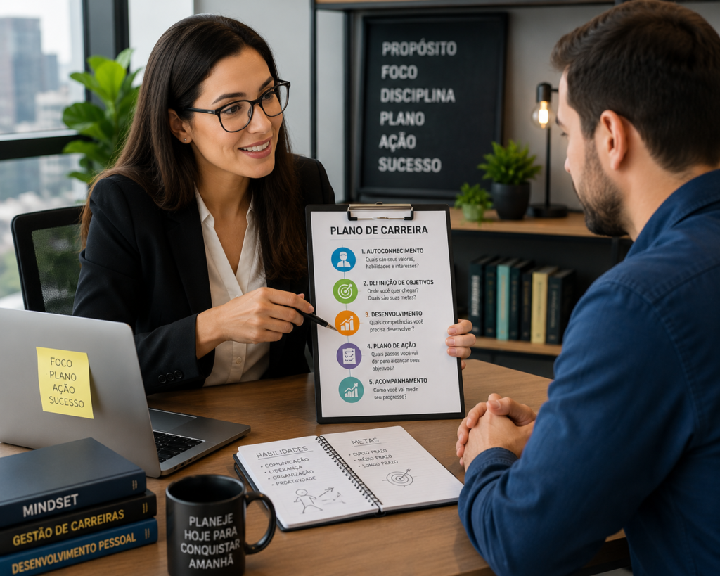 Profissional analisando planejamento de carreira durante consultoria profissional em escritório moderno.