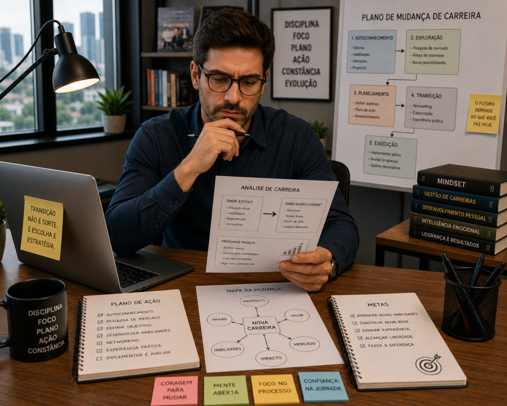 Profissional analisando Os Erros Na Transição De Carreira Mais Comuns em ambiente moderno de escritório