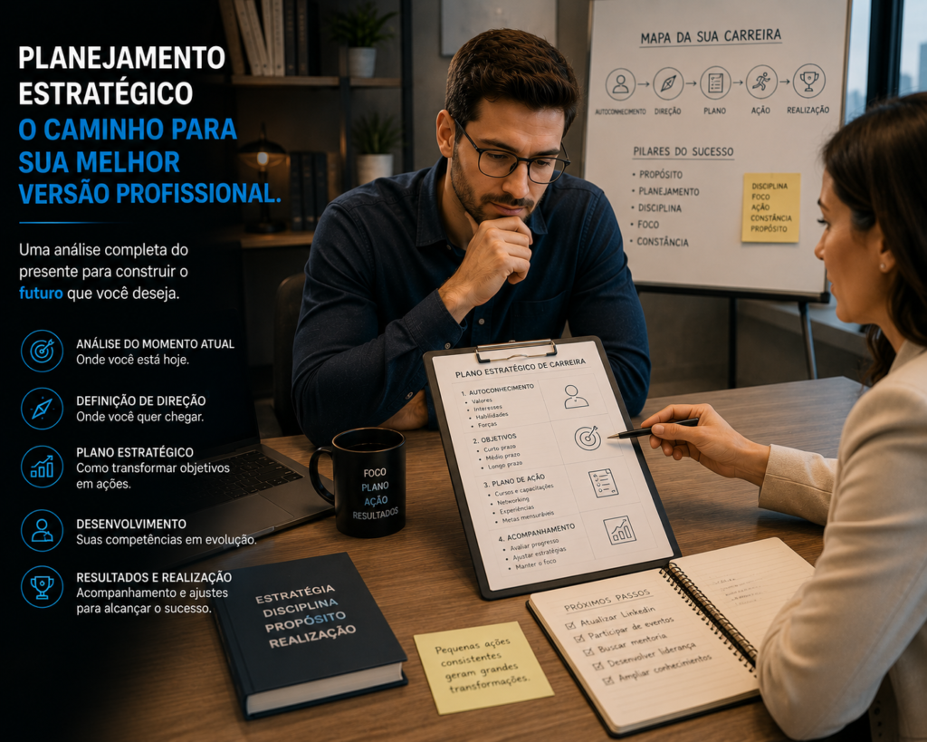 Profissional analisando planejamento estratégico durante consultoria de carreira