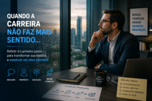 Profissional pensativo olhando pela janela refletindo sobre insatisfação na carreira e mudança profissional