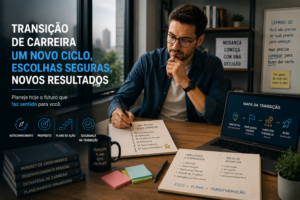 Profissional planejando transição de carreira com notebook e anotações sobre mudança profissional segura