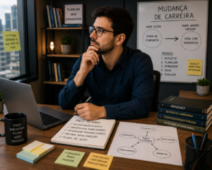 Profissional refletindo sobre mudança de carreira e planejamento de futuro profissional em escritório moderno