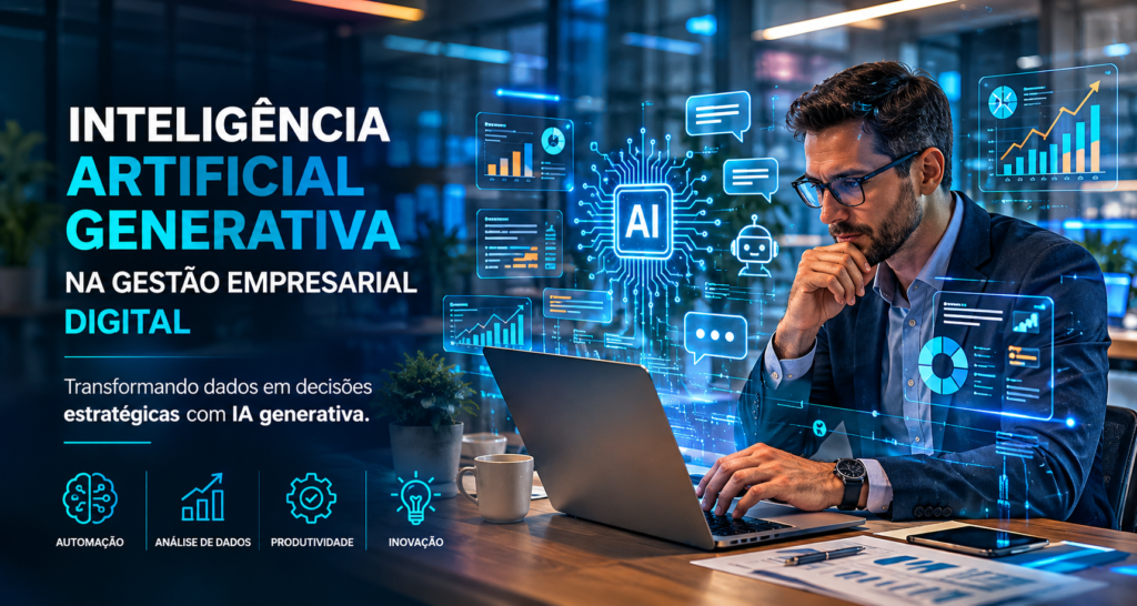 Profissional utilizando inteligência artificial generativa em ambiente corporativo moderno para gestão empresarial digital