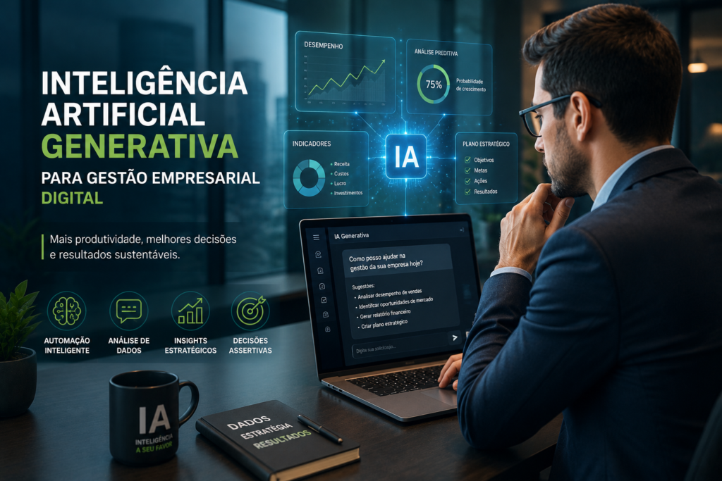 Profissional utilizando inteligência artificial generativa em ambiente corporativo moderno para gestão empresarial digital
